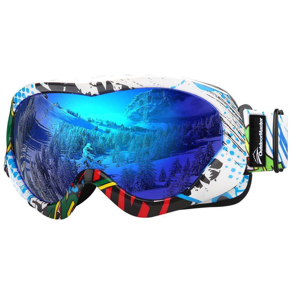 KIDS SKI GOGGLES OTG - 100% UV ProtectionFlexble Frame -Helmet Compatible OutdoorMasterShop Color pattern Frame VLT 15% Grey Lens