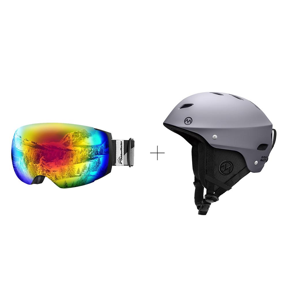 XMAS Bundle Sales - Ski Goggles PRO + Kelvin Ski Helmet - 2 in 1 Package OutdoorMaster Grey S 19-20.5 inches Black-Grey Frame VLT15% Colourful Lens