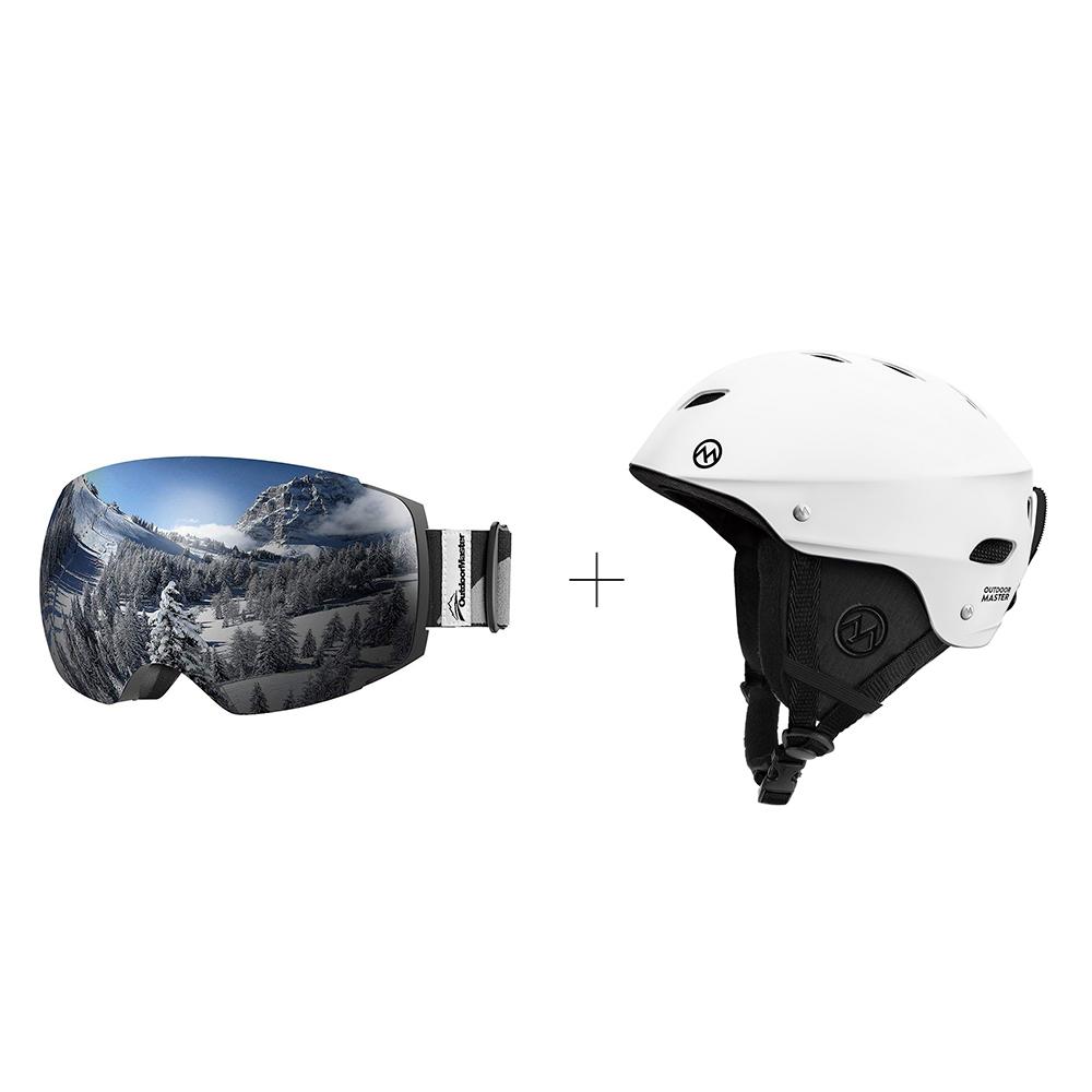 XMAS Bundle Sales - Ski Goggles PRO + Kelvin Ski Helmet - 2 in 1 Package OutdoorMaster White S 19-20.5 inches Black-Grey Frame VLT 10% Grey Lens