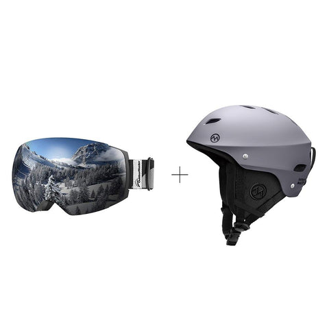 XMAS Bundle Sales - Ski Goggles PRO + Kelvin Ski Helmet - 2 in 1 Package OutdoorMaster Grey S 19-20.5 inches Black-Grey Frame VLT 10% Grey Lens