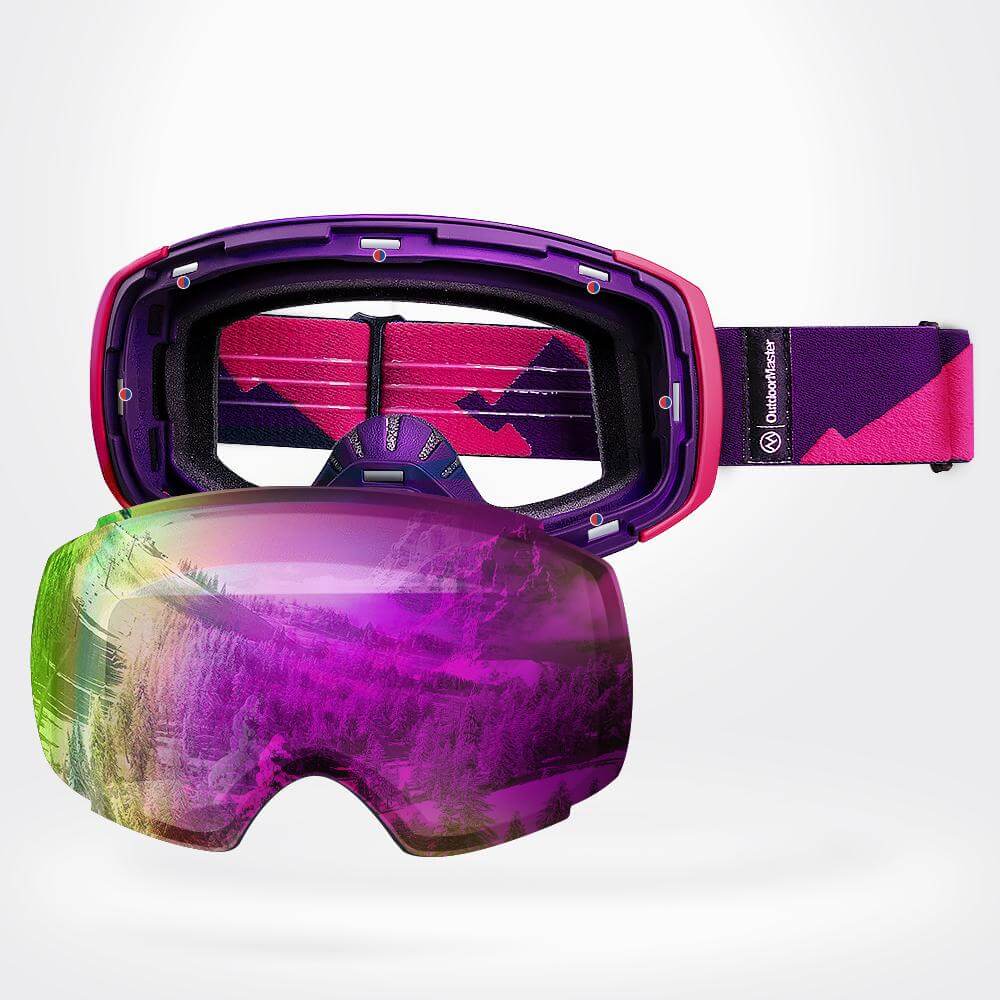 SKI GOGGLES PRO CLASSIC- 20+ Different Lens for Men, Women & Youth - Magnetic Interchangeabele Lens System OutdoorMasterShop Pink-Purple Frame VLT 45% Fuchsia Lens 