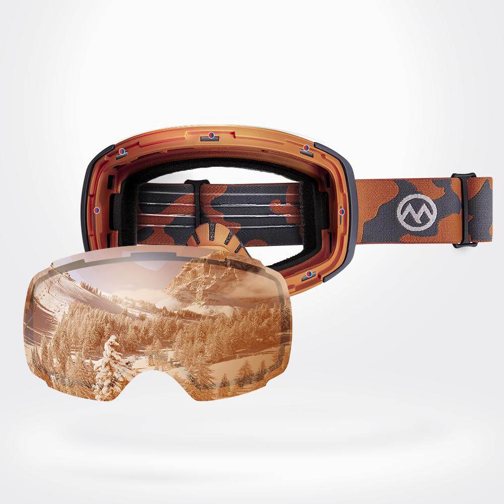 SKI GOGGLES PRO CLASSIC- 20+ Different Lens for Men, Women & Youth - Magnetic Interchangeabele Lens System OutdoorMasterShop Camo Frame VLT 24% Orange Lens with REVO Silver 
