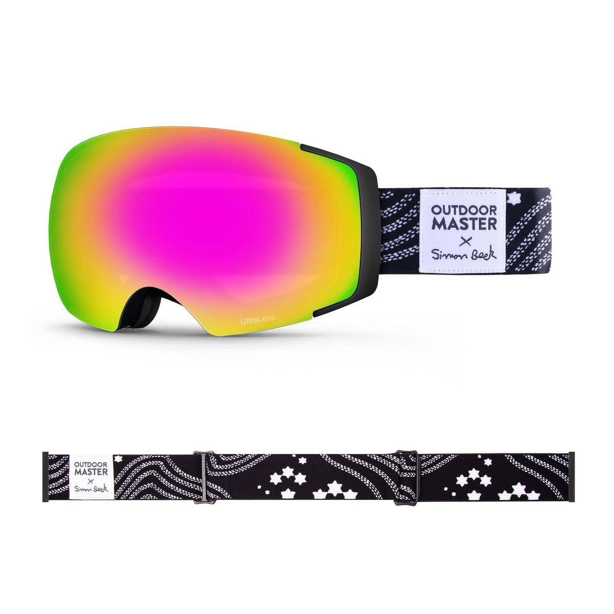 OutdoorMaster x Simon Beck Ski Goggles Pro Series - Snowshoeing Art Limited Edition OutdoorMaster UltraLens VLT 22% Optimized Orange with REVO Pink Star Road-Black