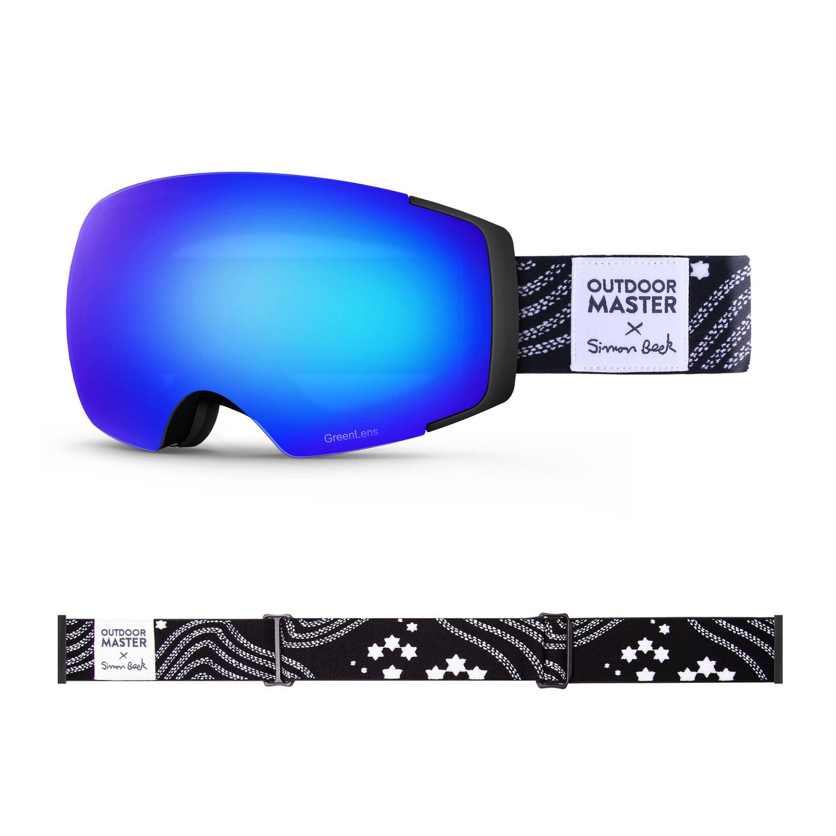 OutdoorMaster x Simon Beck Ski Goggles Pro Series - Snowshoeing Art Limited Edition OutdoorMaster GreenLens VLT 15% TAC Grey with REVO Blue Polarized Star Road-Black