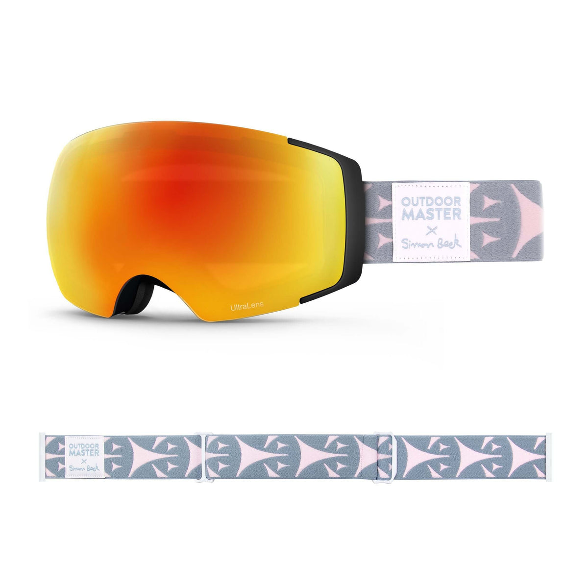 OutdoorMaster x Simon Beck Ski Goggles Pro Series - Snowshoeing Art Limited Edition OutdoorMaster UltraLens VLT 25% Optimized Orange with REVO Red Bouncy Triangles