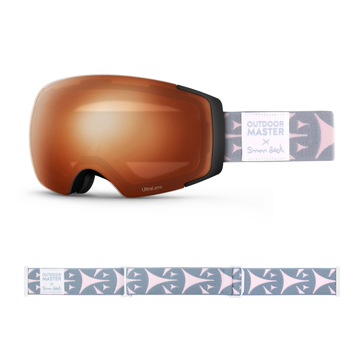 OutdoorMaster x Simon Beck Ski Goggles Pro Series - Snowshoeing Art Limited Edition OutdoorMaster UltraLens VLT 29% Optimized Orange Bouncy Triangles