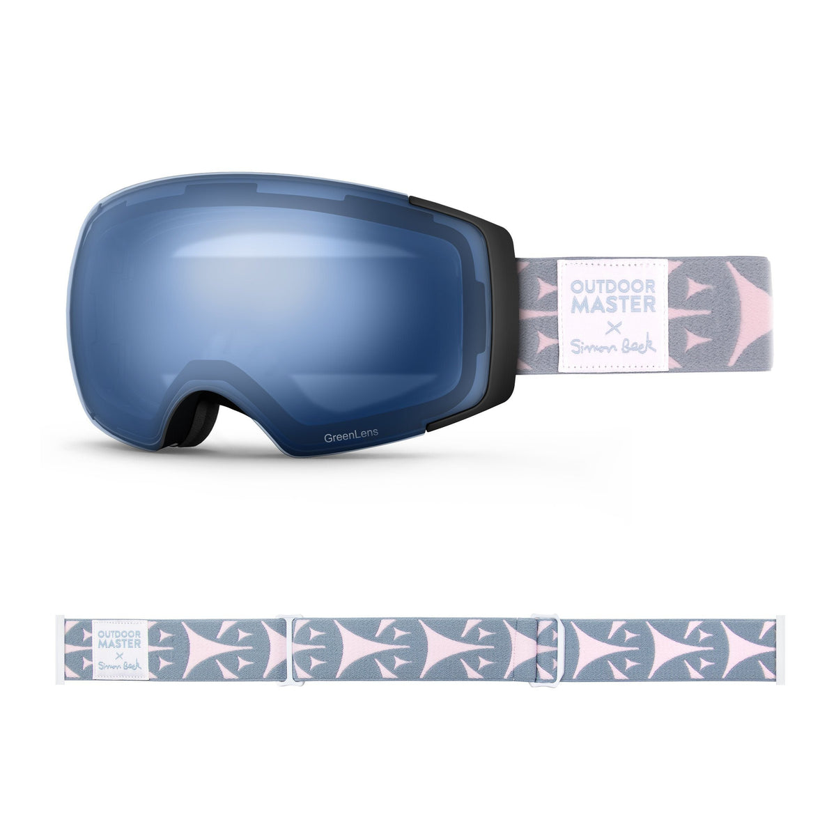 OutdoorMaster x Simon Beck Ski Goggles Pro Series - Snowshoeing Art Limited Edition OutdoorMaster GreenLens VLT 60% TAC Blue Polarized Bouncy Triangles