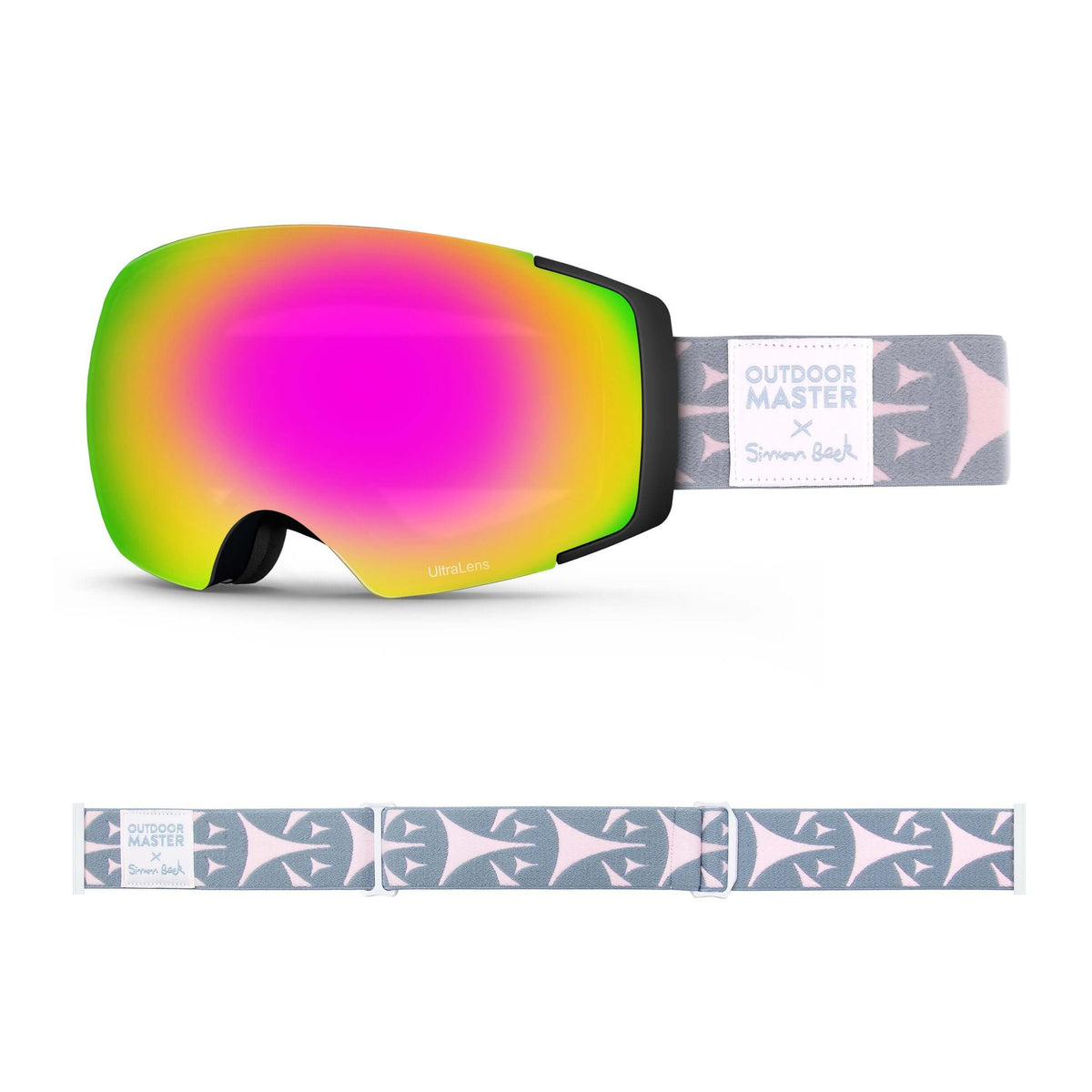 OutdoorMaster x Simon Beck Ski Goggles Pro Series - Snowshoeing Art Limited Edition OutdoorMaster UltraLens VLT 22% Optimized Orange with REVO Pink Bouncy Triangles