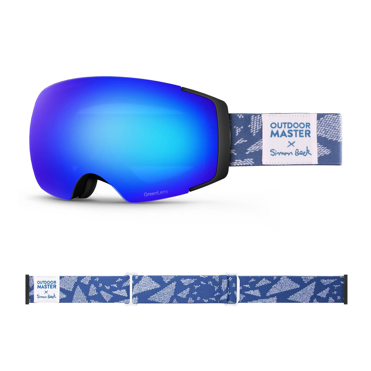 OutdoorMaster x Simon Beck Ski Goggles Pro Series - Snowshoeing Art Limited Edition OutdoorMaster GreenLens VLT 15% TAC Grey with REVO Blue Polarized Flying Triangles