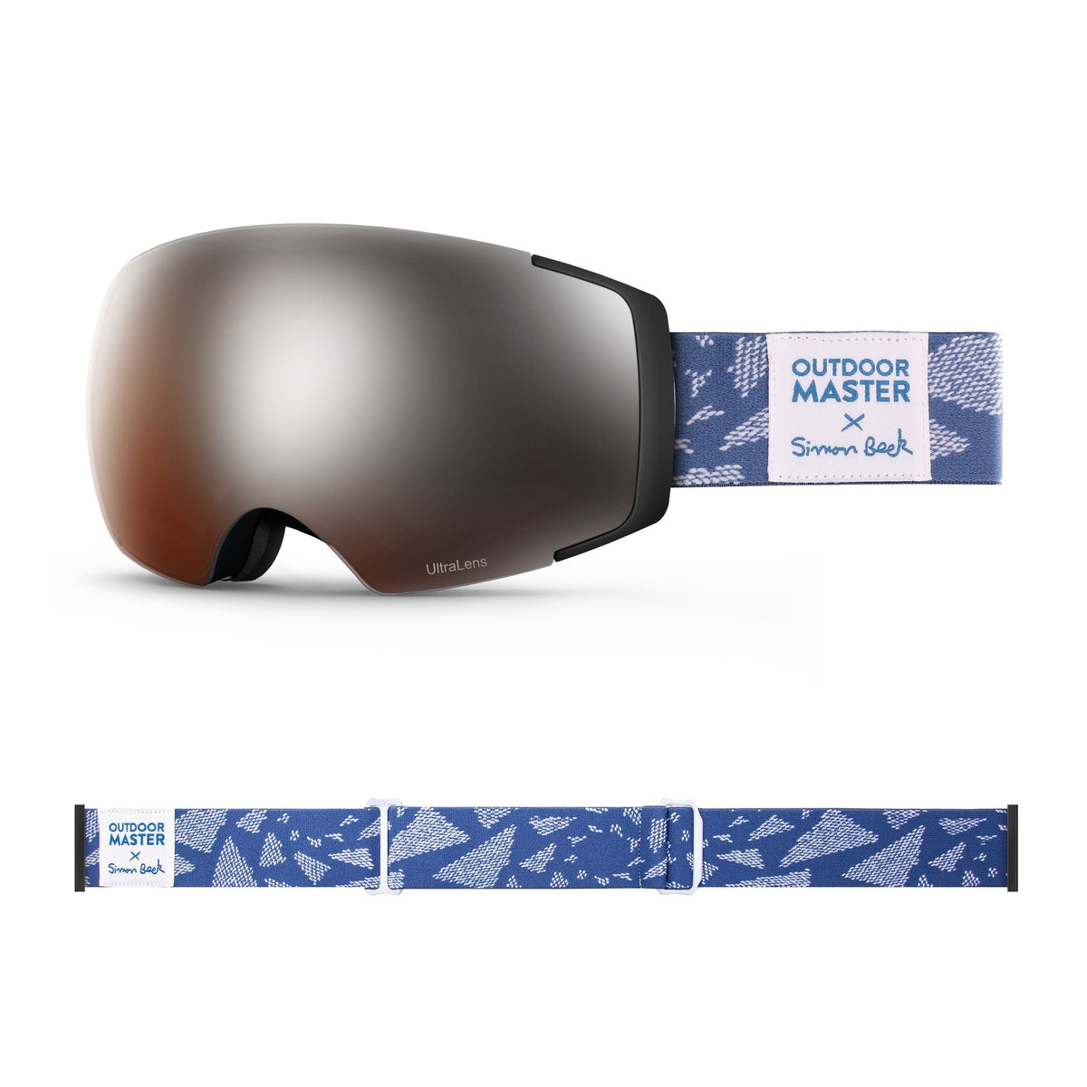 OutdoorMaster x Simon Beck Ski Goggles Pro Series - Snowshoeing Art Limited Edition OutdoorMaster LutraLens VLT 13% Optimized Orange with REVO Silver Flying Triangles