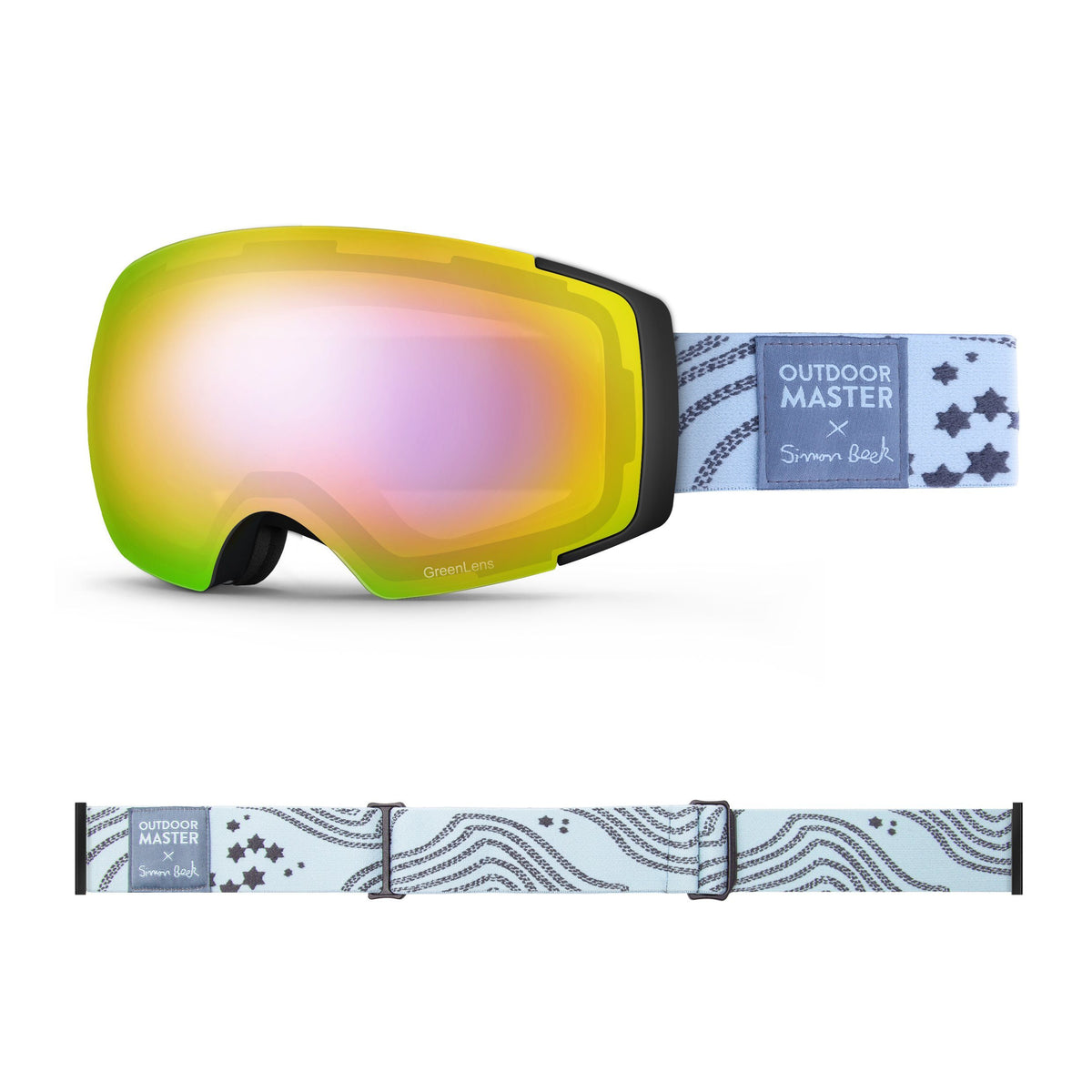 OutdoorMaster x Simon Beck Ski Goggles Pro Series - Snowshoeing Art Limited Edition OutdoorMaster GreenLens VLT 45% TAC Purple with REVO Red Polarized Star Road-Lightsteelblue