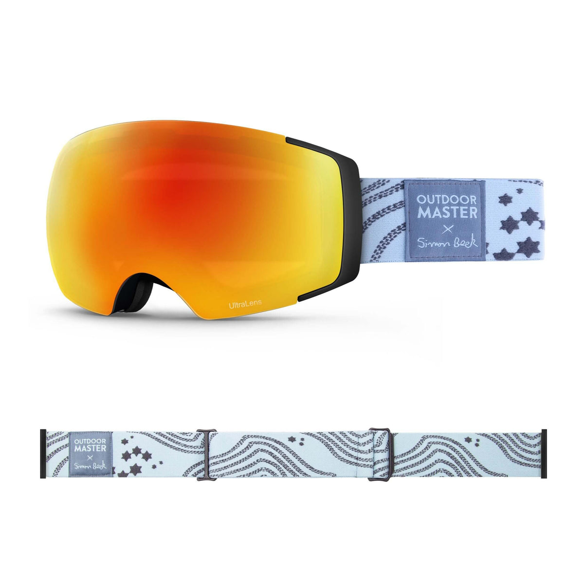 OutdoorMaster x Simon Beck Ski Goggles Pro Series - Snowshoeing Art Limited Edition OutdoorMaster UltraLens VLT 25% Optimized Orange with REVO Red Star Road-Lightsteelblue
