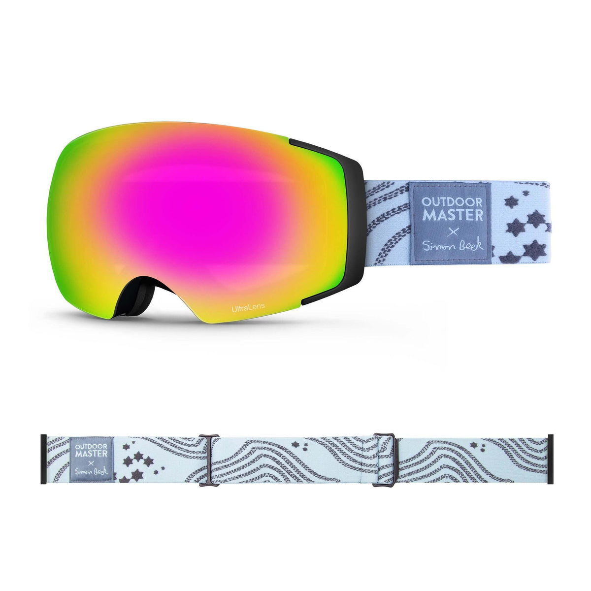 OutdoorMaster x Simon Beck Ski Goggles Pro Series - Snowshoeing Art Limited Edition OutdoorMaster UltraLens VLT 22% Optimized Orange with REVO Pink Star Road-Lightsteelblue